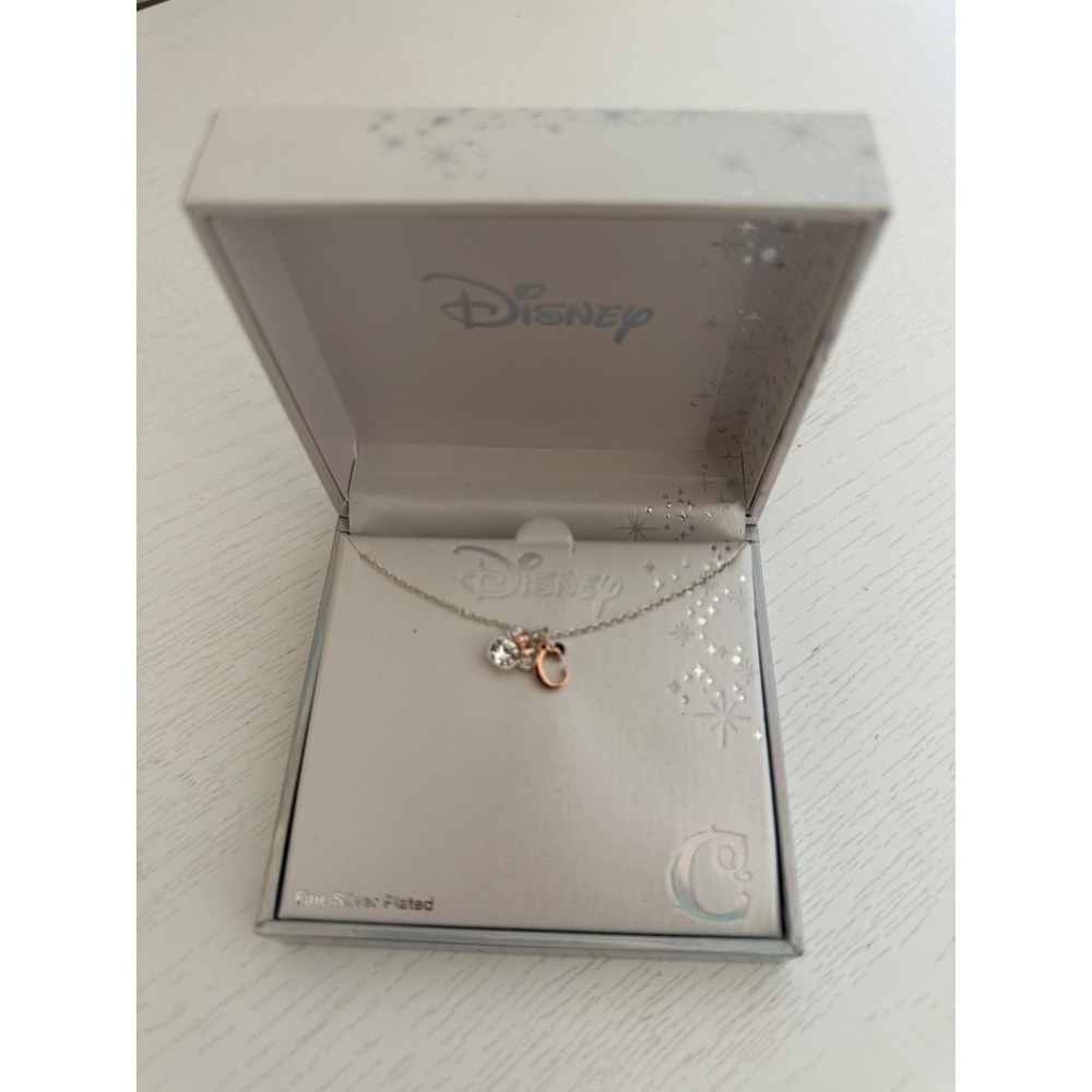 Disney Fine Silver Plated Initial C Minnie Mouse Crystal Necklace 16+2 In NIB